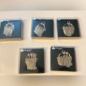 5 Vintage Longaberger Pewter Ornaments from the 80’s in original boxes NOS